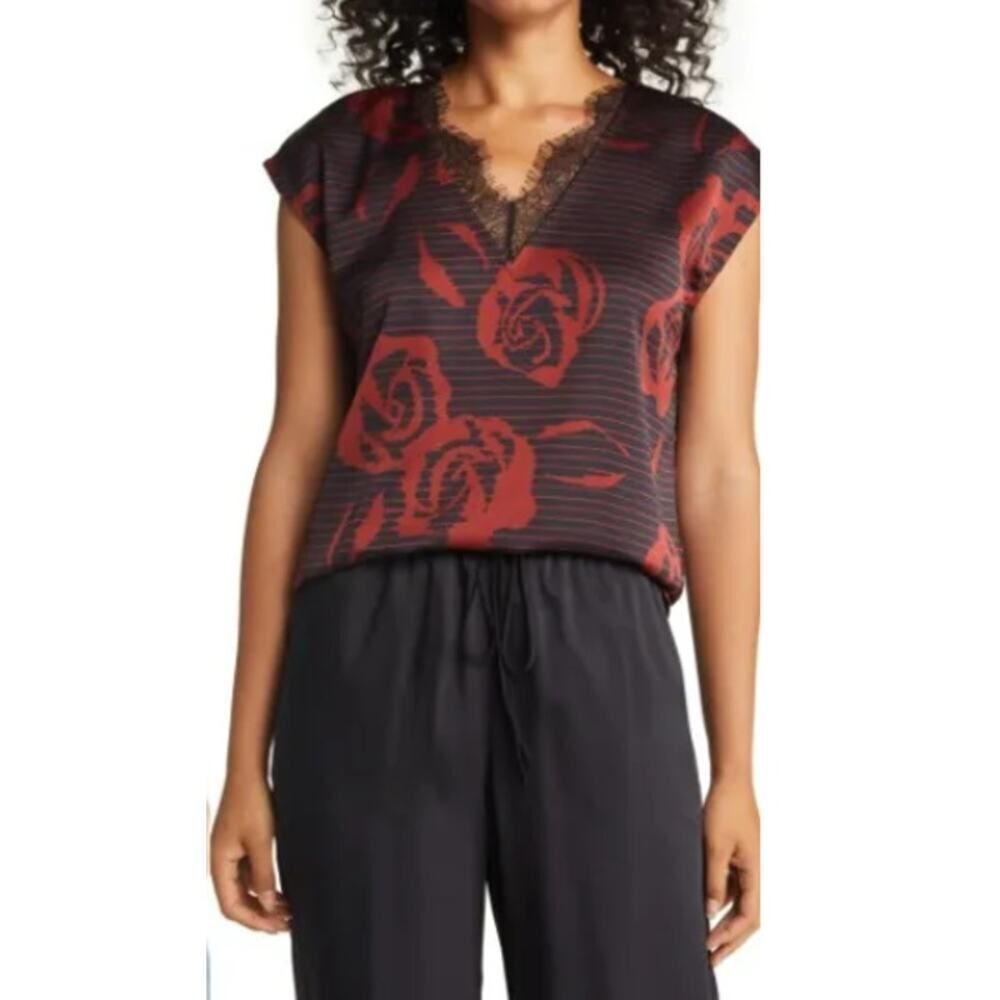Halogen Black V-Neck Blouse with Red Rose Print